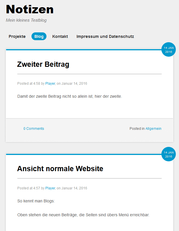 Nach der ganzen Fummelei erscheint das Blog jetzt im Menü Blog