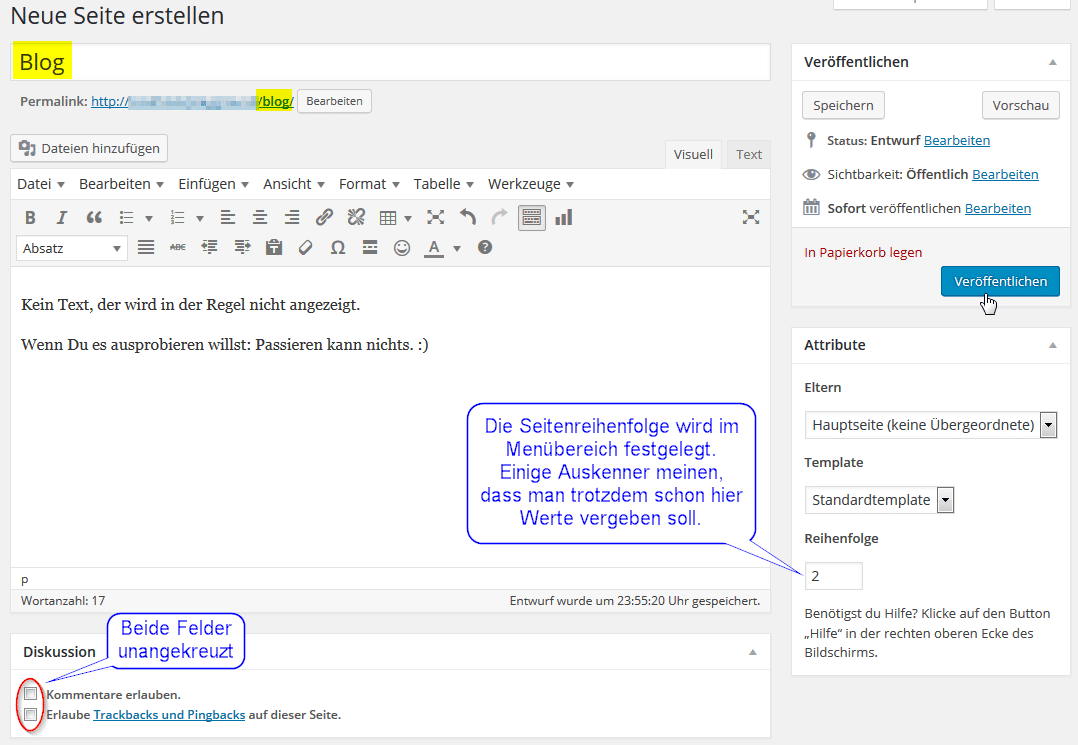 Bildbeschreibung, wie man im Editor die Seite Blog erstellt