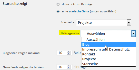 Startseite und Beitraggsseite ihre Seiten zuweisen